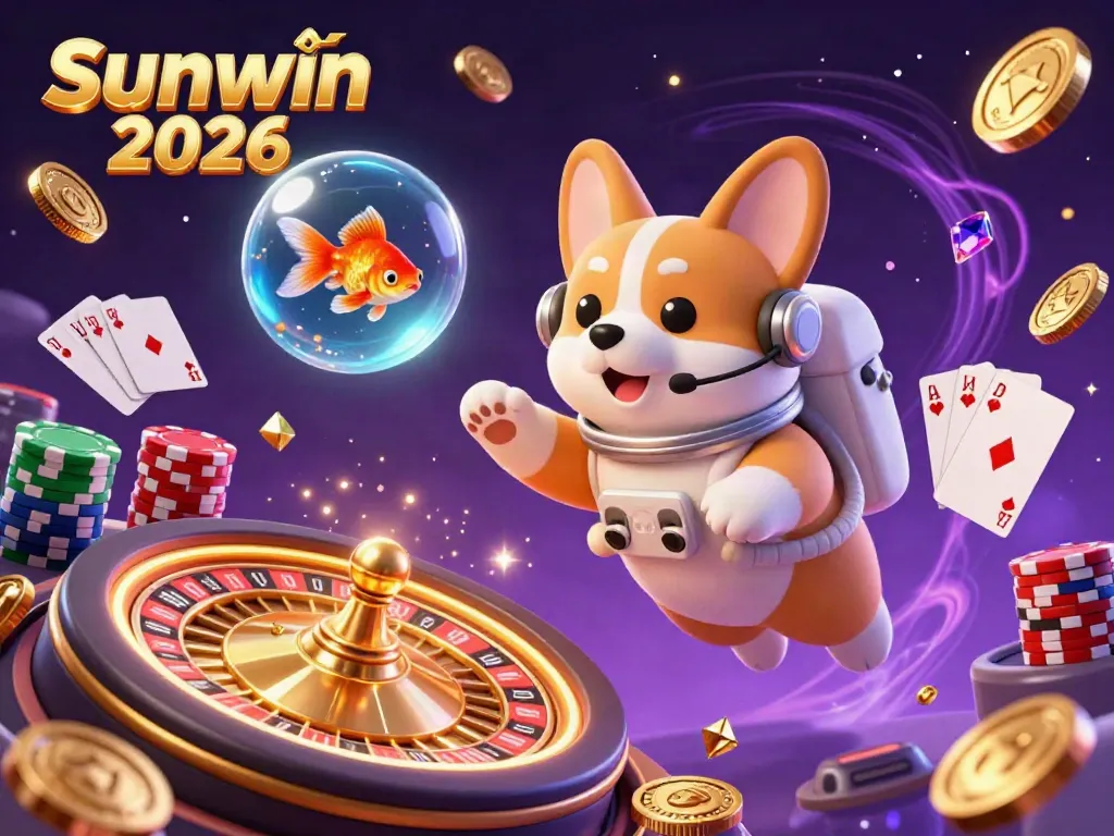 Experience sunwin đổi thưởng 2026 with a thrilling casino scene featuring an astronaut corgi in a space station.