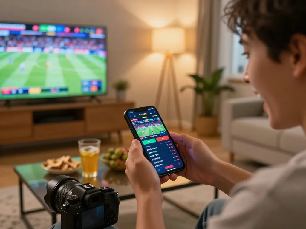 Place bets on 8xx through mobile app, vibrant online sports betting in a cozy living room.