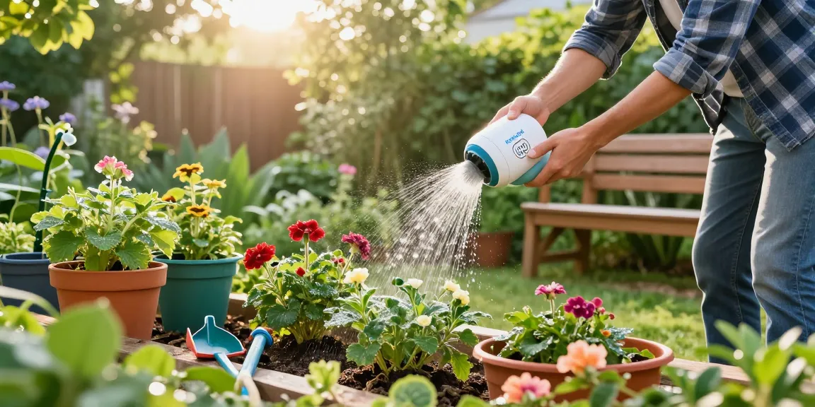 Gardener using RainPoint WiFi water timer to efficiently water vibrant garden plants.