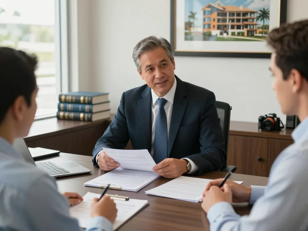 Boca Raton Construction Litigation Lawyer reviewing contracts in a collaborative office setting.