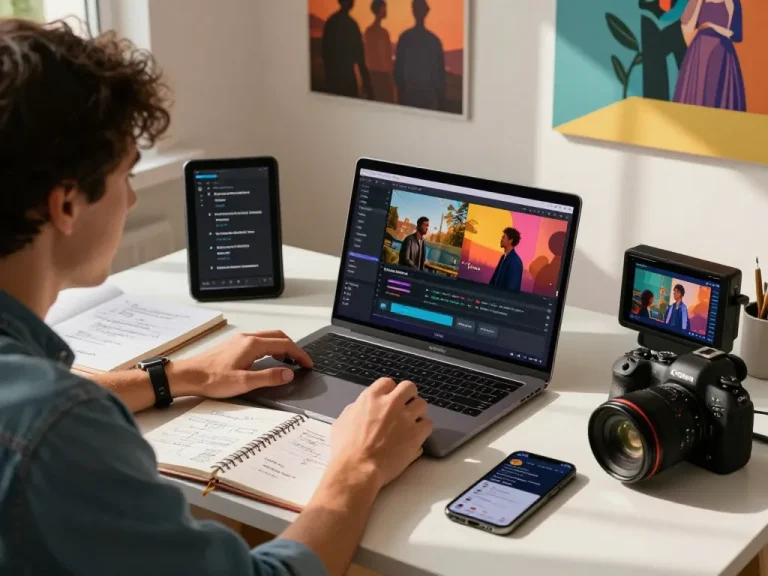 Generate video to prompt insights in a creative workspace with a content creator, laptop, and cinematic visuals.