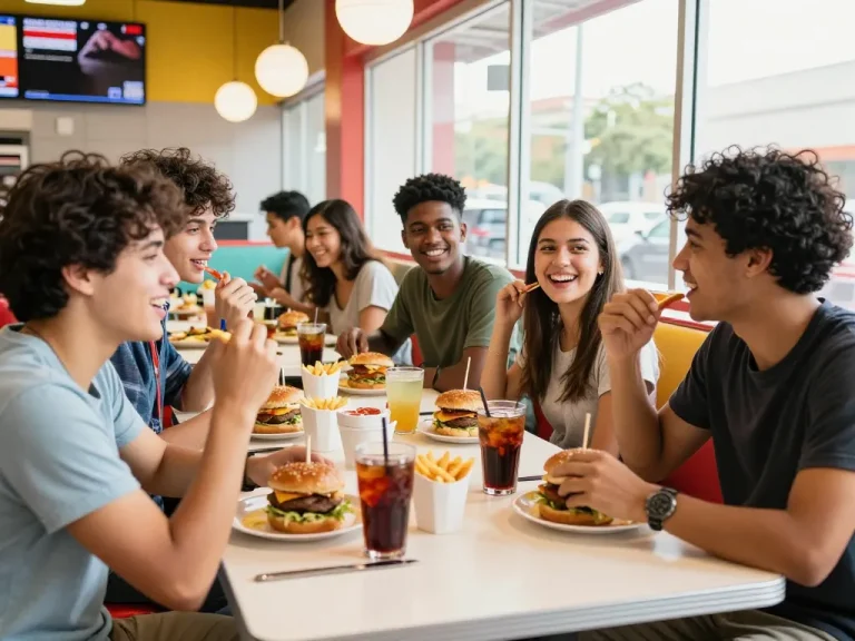 Fast food menu items on a table with friends laughing in a lively restaurant.