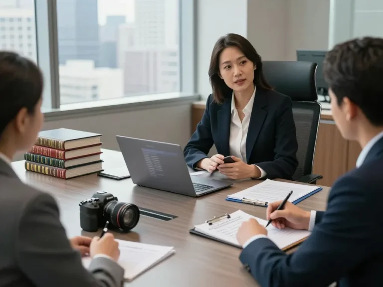 Consultation between USA lawyers and client in professional legal office setting.