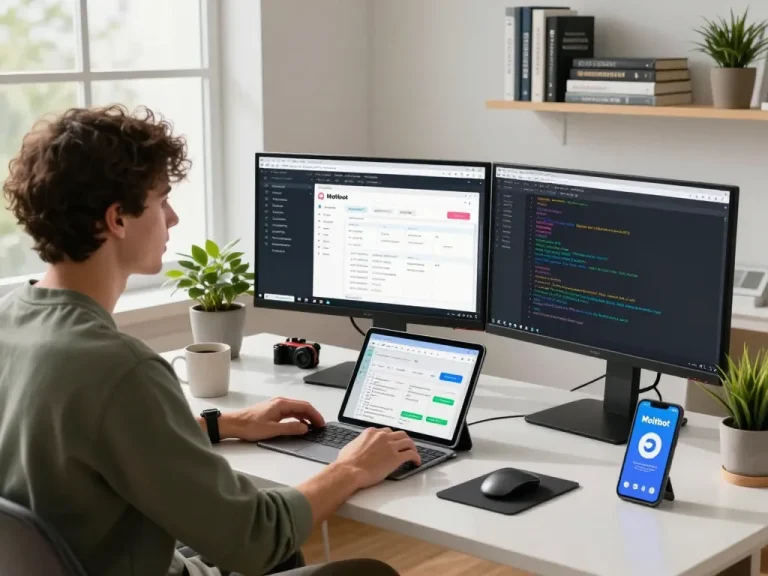 Moltbot AI features on multiple monitors in a modern developer workspace, showcasing proactive communication and system-level execution.