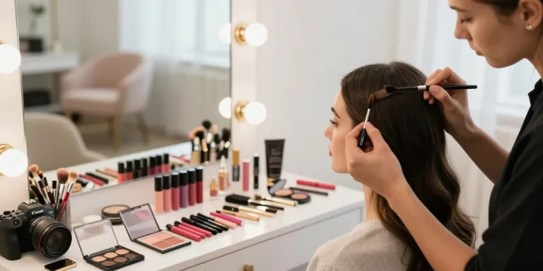 Client receiving expert application of Skone Cosmetics Brow Wand in a chic makeup studio.
