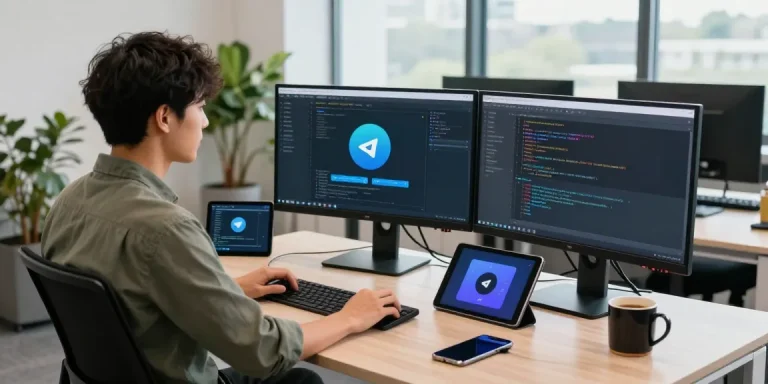 Developer coding Telegram Chinese working app in modern office.