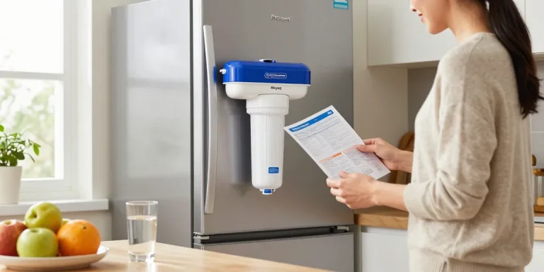 Installing Waterdrop Plus UKF7003 Replacement for Maytag® UKF7003 filter in a modern kitchen with a clean water focus.