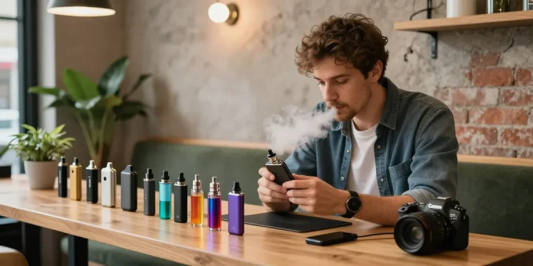 Engaged vape enthusiast exploring modern 電子菸主機 in stylish urban café.