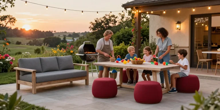 Family enjoying quality time with stylish outdoor seating furniture on a cozy patio