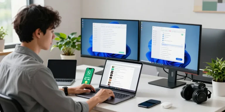 Dynamic workspace showing a user accessing WhatsApp網頁版 on laptop in a bright modern office.