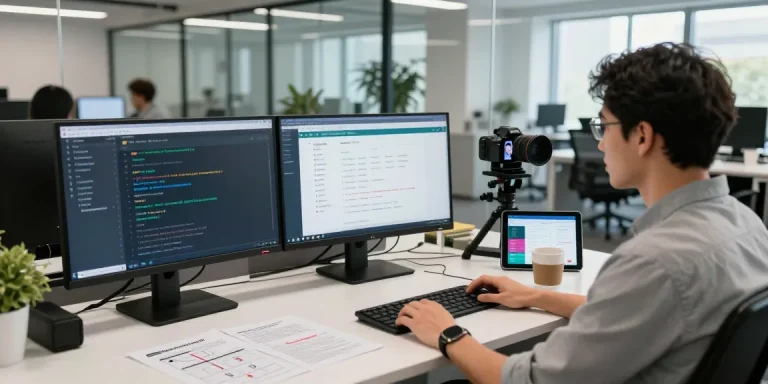 Developer working on an age verification system in a modern tech office.