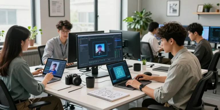 AI image detector workspace with professionals analyzing detection algorithms in a bright office.