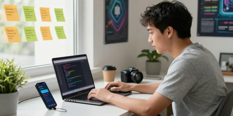 Learn Android Studio for beginners in a vibrant workspace with code on screen and a young developer focused on learning.