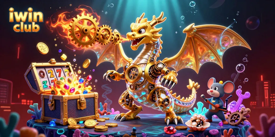 Experience thrilling wins at iwin club with a vibrant 3D casino scene of golden dragons and colorful slots.