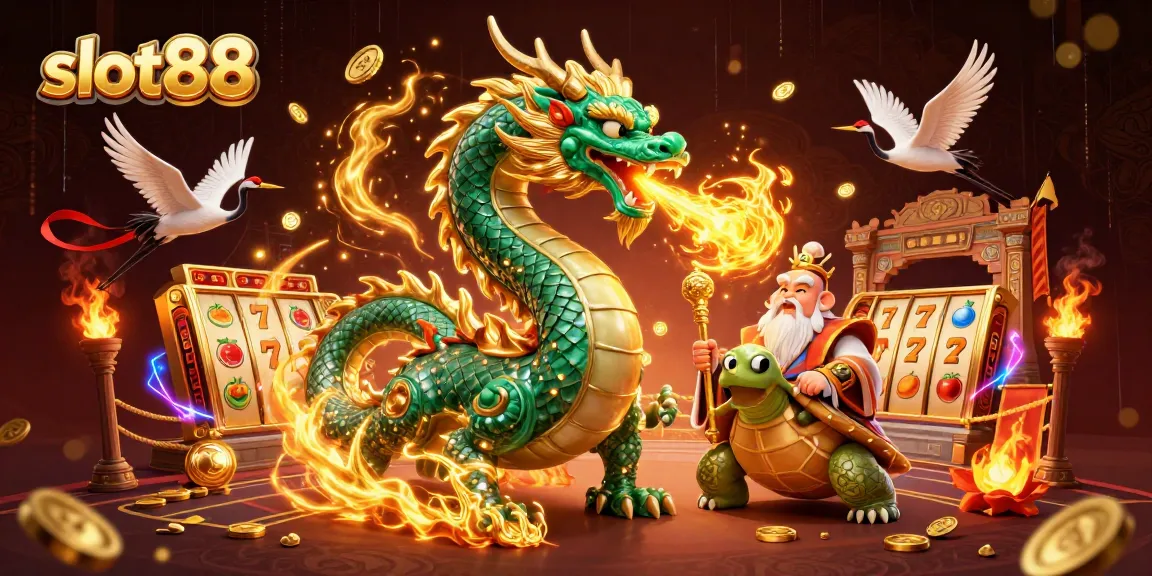 Menangkan slot88 dengan ilustrasi kasino berwarna-warni yang menggambarkan naga emerald dan satwa keberuntungan.