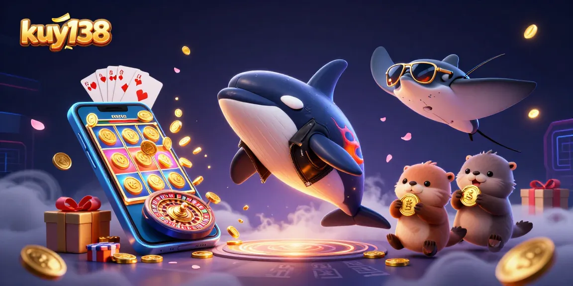 Menggali kemenangan dengan kuy138 dalam ilustrasi digital kasino berwarna cerah, menampilkan karakter lucu dan permainan menarik.