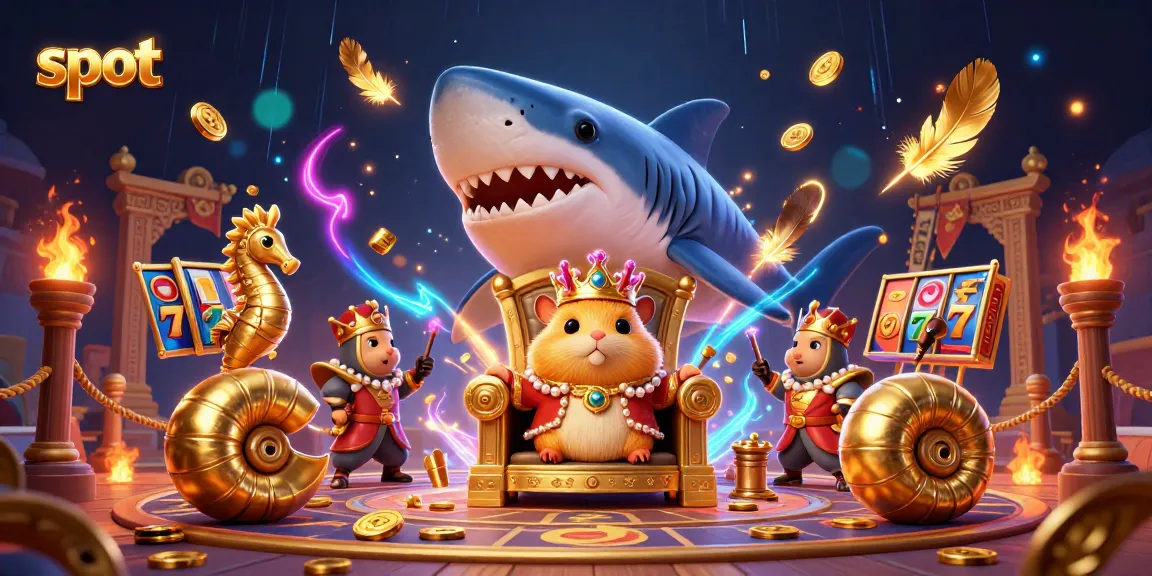 Slot online yang menarik dengan raja hamster dan gulungan slot berkilauan, detil 3D yang menawan.