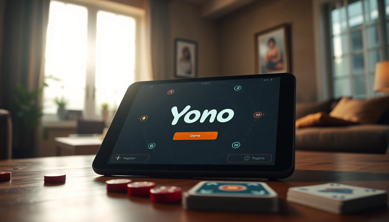Engaging scene with the Yono rummy interface displayed on a tablet, surrounded by game tokens and cards.