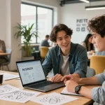 Innovative collaboration at https://www.startsomethingpc.com in a bright co-working space, showcasing young entrepreneurs and mentors.