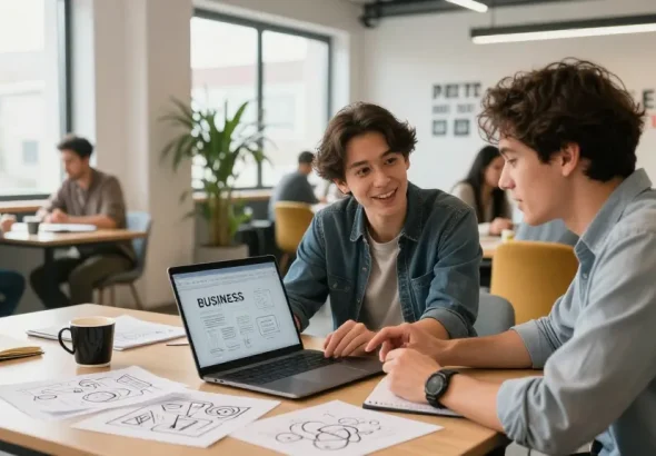 Innovative collaboration at https://www.startsomethingpc.com in a bright co-working space, showcasing young entrepreneurs and mentors.