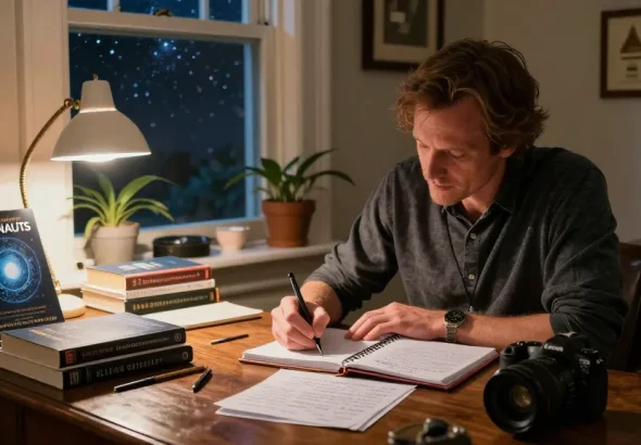 T Allen Greenfield writing in his cozy office surrounded by spiritual and UFO literature at https://tallengreenfield.com.